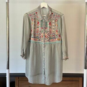 Johnny Was Silky Floral Embroidered Tunic Blouse